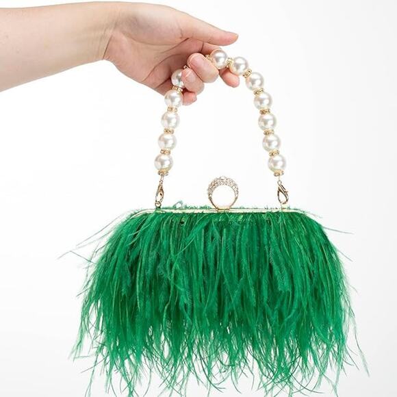 New Green Real Natural Ostrich Feather Pearl or Longer Handle Evening Bag Purse - Picture 4 of 6